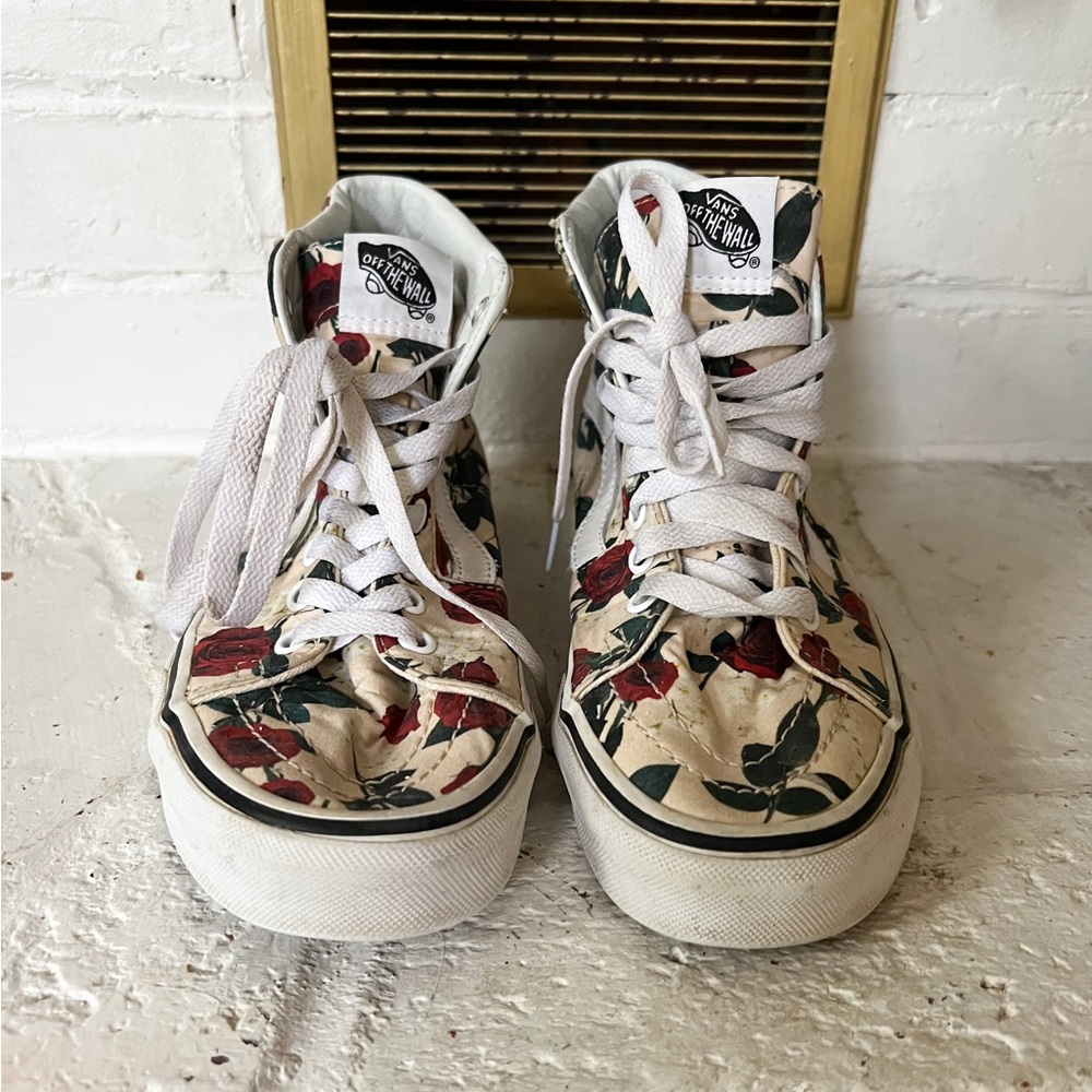 EUC! Vans High Top Sneakers Cream with Red Rose and Green Leaf Print